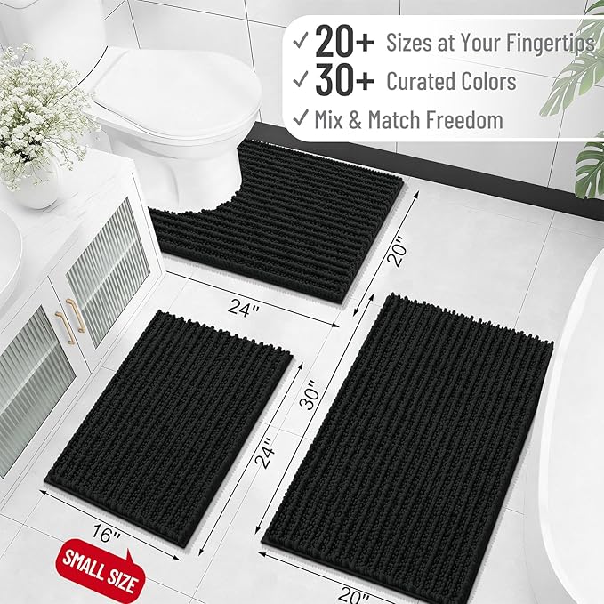 OLANLY Bathroom Rug Mat 44x24, Thick Soft and Absorbent Chenille Bath Mat, Non-Slip Rubber Backing, Machine Washable Quick Dry Bath Rugs for Tub Shower Floor, Home Decor Accessories, Black
