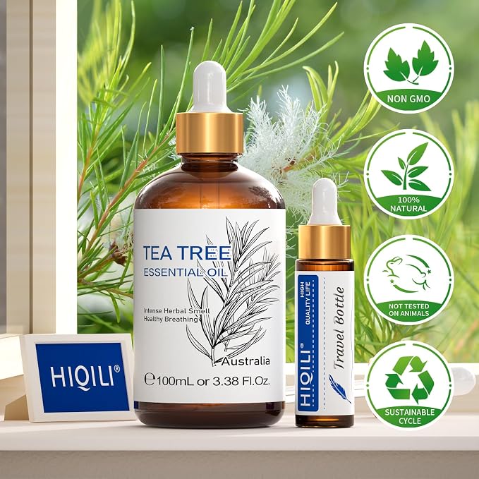 HIQILI Tea Tree Oil for Skin, Hair, Toenail, Add to Shampoo, Body Wash, Foot Soak - 3.38 Fl Oz