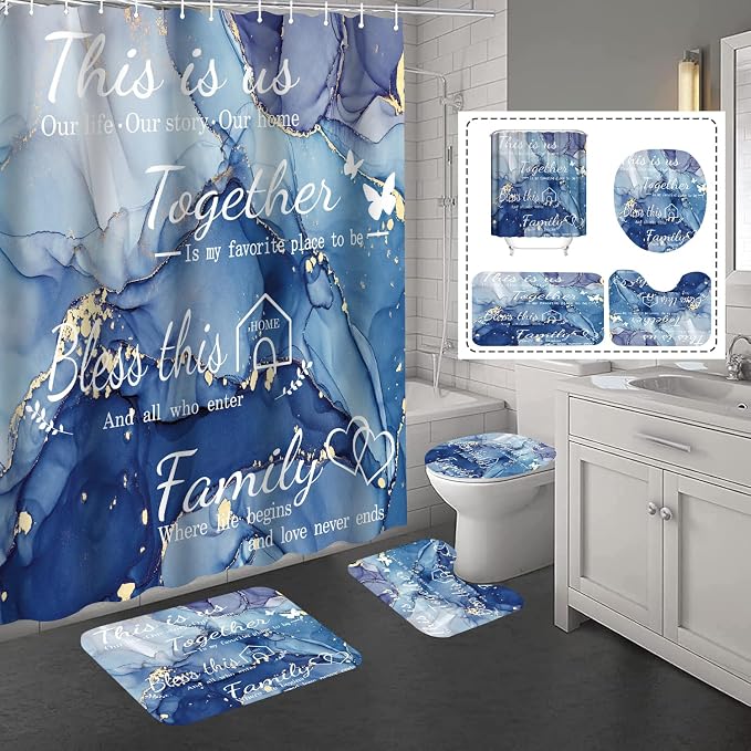 4Pcs Family Marble Shower Curtain Set,Blue Home Inspirational Bathroom Sets with Shower Curtain and Rugs, Bathroom Decor Set,Waterproof Bathroom Curtains Shower Set,with 12 Pcs Hooks