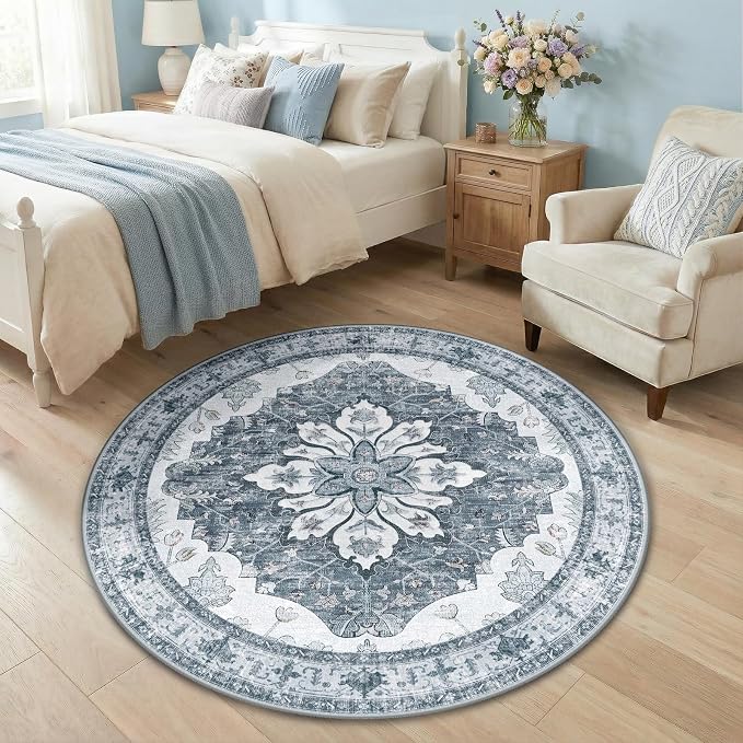 RELEANY Area Rugs Round 4ft Washable Non-Slip, Floral Vintage Distress Medallion Carpet for Living Room Bedroom Dining Room, Light Gray Grey White