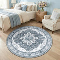 RELEANY Area Rugs Round 4ft Washable Non-Slip, Floral Vintage Distress Medallion Carpet for Living Room Bedroom Dining Room, Light Gray Grey White
