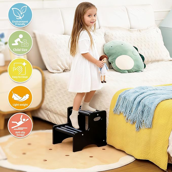 Wooden Toddler Step Stool for Kids, Two Step Stool with Non-Slip Pads & Handles, Potty Training Stool for Bathroom Sink, Toilet, Kitchen, Bedroom (Black)