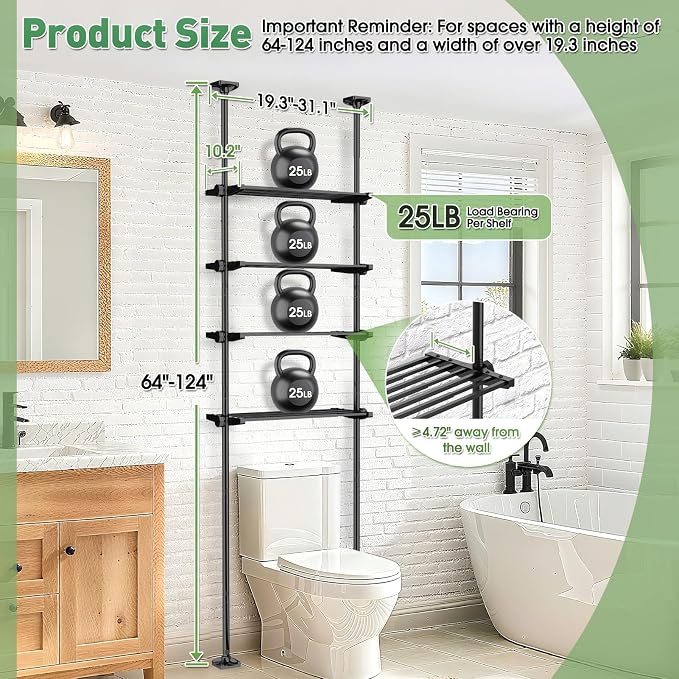 SUNALLY Over The Toilet Storage Shelf, 4-Tier Adjustable Over Toilet Bathroom Organizer,Tension-Mounted Bathroom Storage Rack for Ceilings, No Drill Space-Saving Shelving for Small Rooms,Black