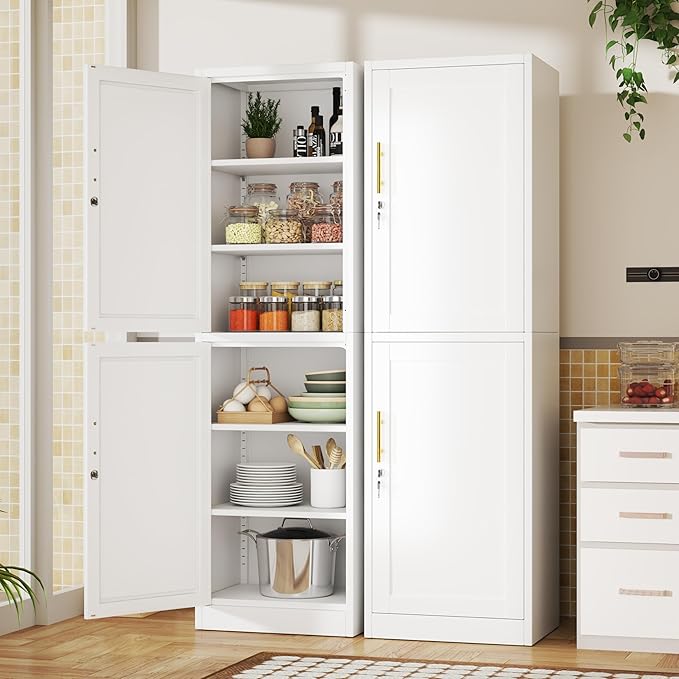 Tall Metal Narrow Bathroom Storage Locker Cabinet 67" H, Tall White Pantry Cabinets with 4 Adjustable Shelves and 2 Lockable Doors for Kitchen, Home Office, Living Room, Dining Room