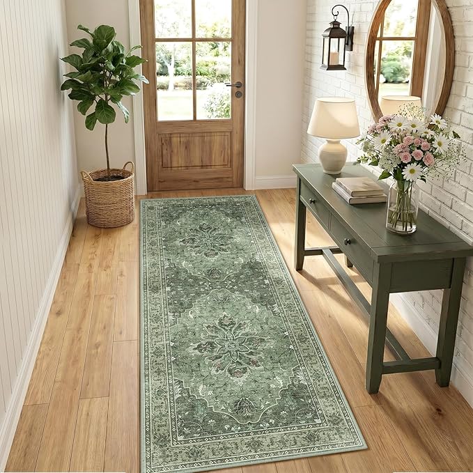 RELEANY Area Rugs Runner 2'x5' Washable Non-Slip, Floral Vintage Distress Medallion Carpet for Kitchen Hallway Bedroom Beside Laundry Room Bathroom, Dark Green Gray