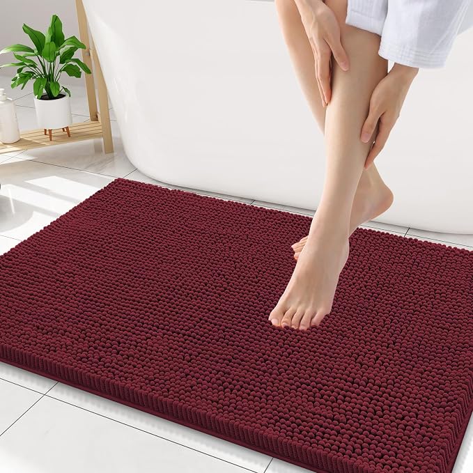 Smiry Luxury Chenille Bathroom Rugs 34x21, Extra Soft and Absorbent Shaggy Bath Mat, Machine Washable, Non-Slip Plush Carpet Runner for Tub, Shower, and Floor, Home Decor Accessories, Burgundy