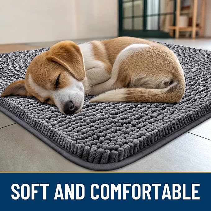 Smiry Dog Door Mat for Muddy Paws 24x16, Absorbent Dirt Trapper, Non-Slip Washable Chenille Entryway Rug for Inside Floor, Dark Grey, Classic Solid