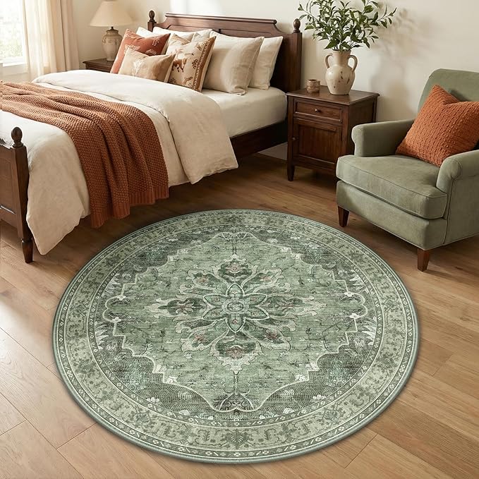 RELEANY Area Rugs Round 4ft Washable Non-Slip, Floral Vintage Distress Medallion Carpet for Living Room Bedroom Dining Room, Dark Green Gray