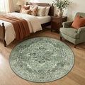 RELEANY Area Rugs Round 4ft Washable Non-Slip, Floral Vintage Distress Medallion Carpet for Living Room Bedroom Dining Room, Dark Green Gray