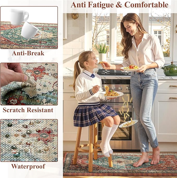 Collive Boho Kitchen Mat 2PCS, Cushioned Anti Fatigue Kitchen Mats for Floor Waterproof Kitchens Rugs Set of 2, Non Slip Comfort Standing Mat for Office, Sink, Laundry, 17.3"x29"+17.3"x59"