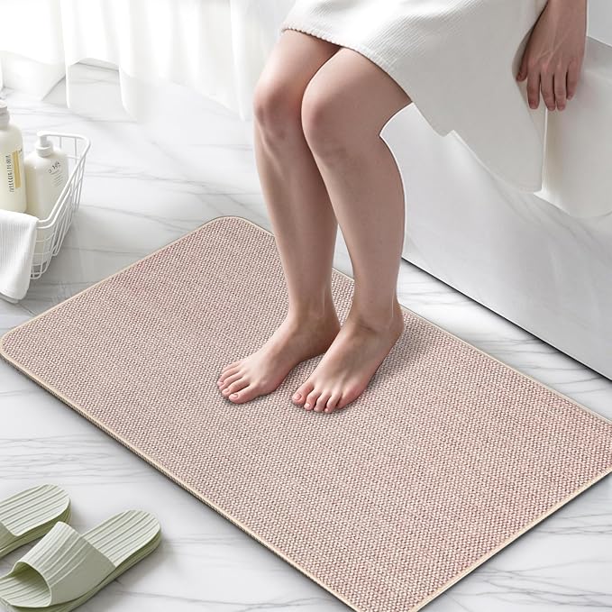 Upgraded Bath Mat 24x48Inch, Thin Bath Mats Rugs with Rubber Backing Non-Slip, Absorbent,Quick Dry Machine Washable, Home Decor Accessories Cozy Cloth Bathroom Rugs fit Under Door/Sink/Tub-Biege