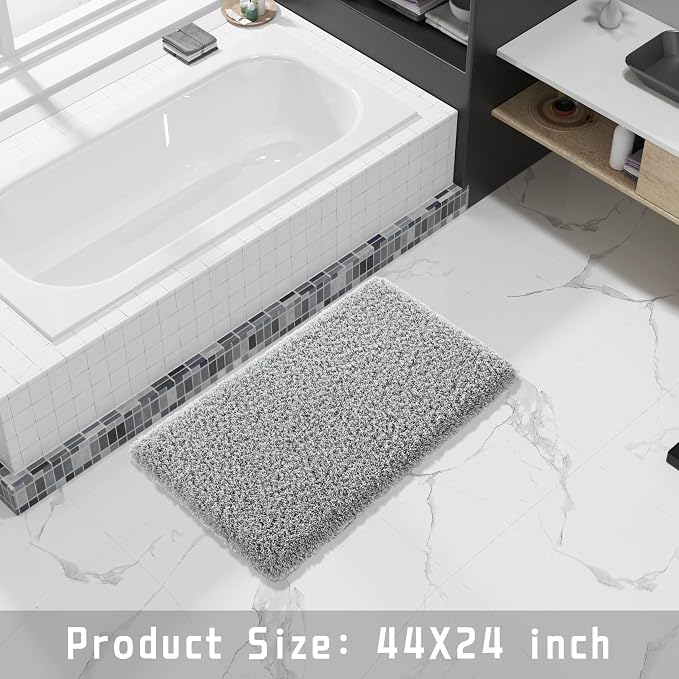 Yimobra Fluffy Plush Bath Rug, Super Shaggy Soft Comfortable Non Slip, Water Absorbent Microfiber Bath Mat, Dries Quickly, Machine Washable Thick Bathroom Rugs for Shower, 44" X 24", Pure Gray