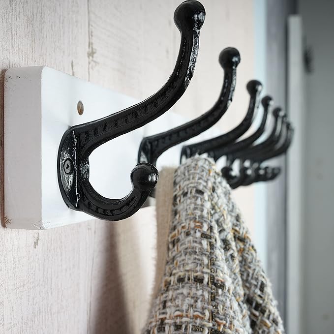 WEBI Rustic Coat Rack Wall Mount,5 Cast Iron Coat Hooks Wall Mounted,Heavy Duty Wall Coat Hanger Hooks for Hanging Coats,Clothes,Black on White,2 Packs