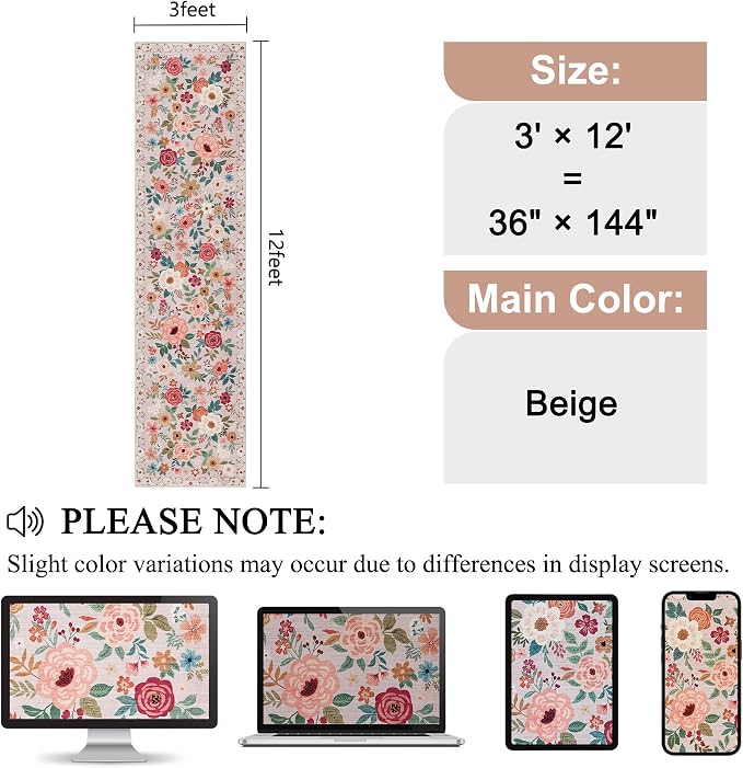 DUKINO 3x12 Washable Runner Rug, Non Slip Soft Floral Hallway Runner Rug with Non Shedding Design, Low Pile Long Floor Carpet for Kitchen, Hallway, Bathroom, Entryway, Laundry, Beige