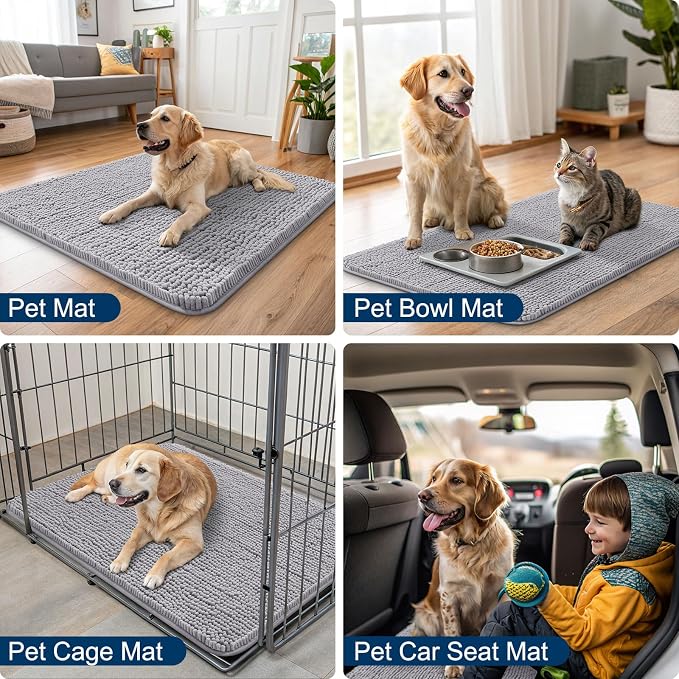 Smiry Dog Door Mat for Muddy Paws 40x32, Absorbent Dirt Trapper, Non-Slip Washable Chenille Entryway Rug for Inside Floor, Light Grey, Classic Solid