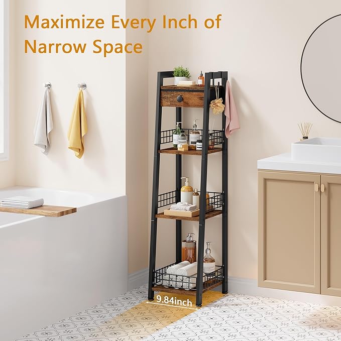 Gewudraw 4-Tier Narrow Ladder Shelf with Drawer, Bathroom Table Stand for Small Space, Narrow Bathroom Standing Shelves with Storage for Living Room Bedroom Kitchen, Organizer Shelf, Rustic Brown
