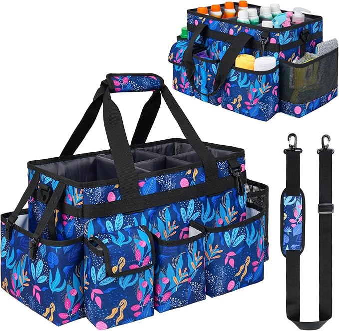 Cleaning Organizer, Large Caddy Bag for Supplies, Housekeeper's Bag with Handle (Blue Leaf)