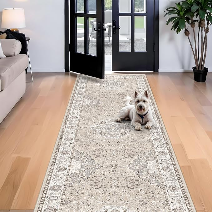 Washable 4x12 Wide Hallway Runners: 12ft Vintage Soft Runner Rug for Entryway Living Room Non Slip Water Resistant Carpet for Kitchen Dining Room Ultra Thin Nursery Bedroom Area Rug(Beige,4x12)