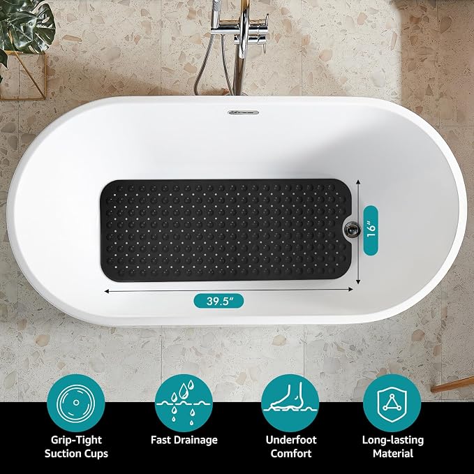 WarmSnow Long Bathtub Mat Non Slip 39.5 x 16 Inch, Inside Shower Mats with Suction Cups & Drain Holes, Soft TPE Bath Mat for Tub, Quick-Drain Bathroom Floor Mats, Black