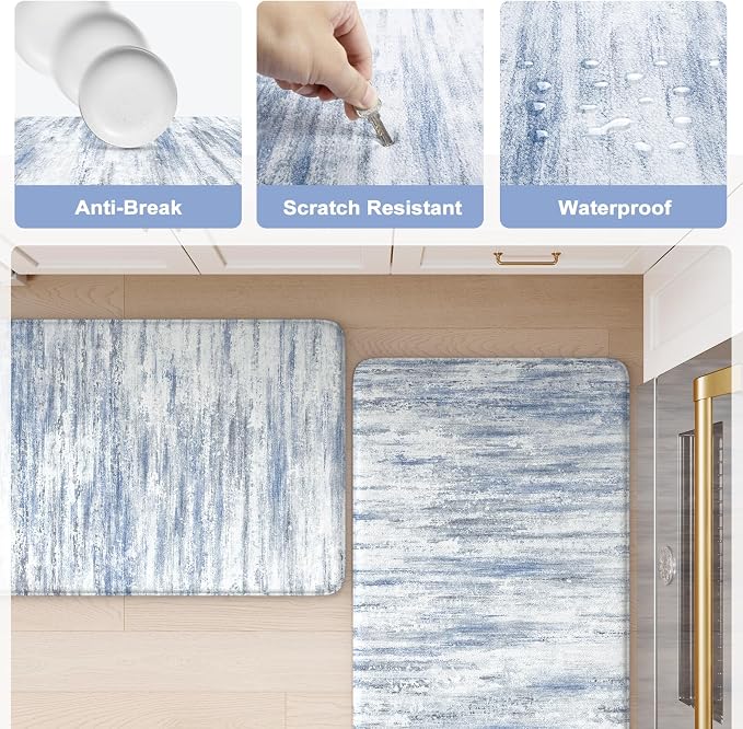 KIMODE Anti Fatigue Kitchen Mat, 20"x47"+20"x32" Boho Abstract Kitchen Rugs Sets of 2, Non-Slip Kitchen Mats for Floor, Cushioned Kitchen Floor Mats for Sink Laundry Office Desk Multi-Blue