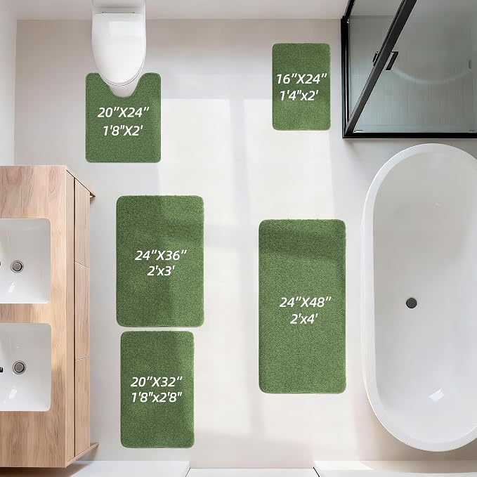 COSY HOMEER Toilet Rugs U-Shaped 24"x20",Soft Absorbent Bath Mat with Non-Slip TPR Backing, Machine Washable Shaggy Bath Rug for Toilet,Green