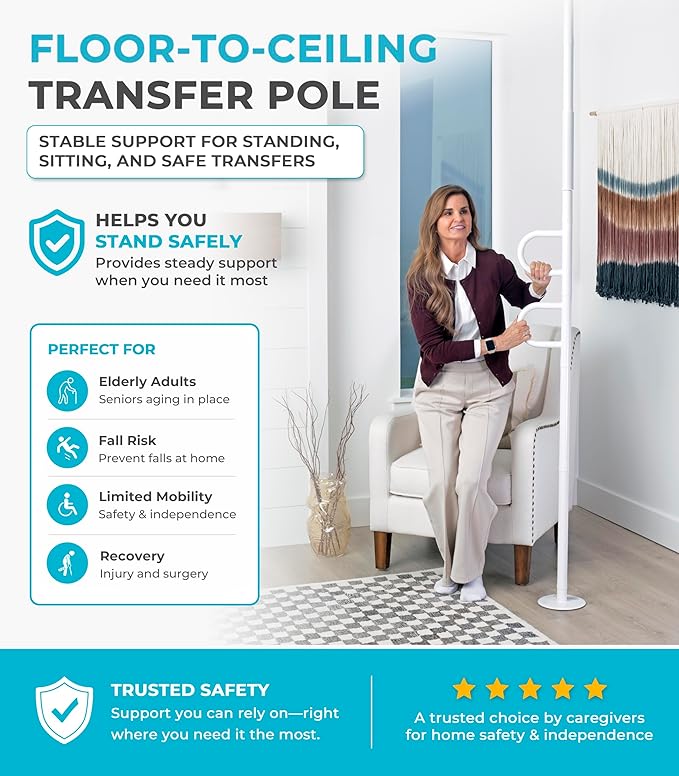 Stander Double Handle Non-Rotating Floor to Ceiling Grab Bar, No-Drill Tension Mounted Transfer Pole for Seniors, Bath Safety & Bedside Assist Rail for Home Standing Support & Fall Prevention, White