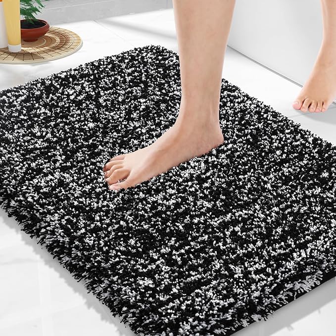 Yimobra Black and White Bathroom Rugs Non Slip Washable, Ultra Soft and Water Absorbent Bath Mats, Plush Fluffy Shower Mat Outside, Microfiber Thick Matts for Bathroom Floor/Sink, 24x17