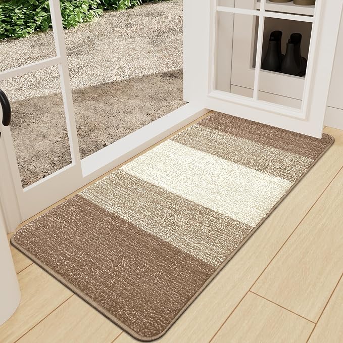 Kitinjoy Indoor Outdoor Door Mat, 47x24 Non-Slip Absorbent Dirt Trapper, Low-Profile Washable Inside Entrance Front Floor Mat, Sturdy Soft Entry Doormats for Entryway, Khaki