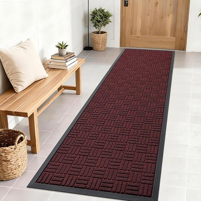 OLANLY Front Door Mat Outside Entrance 71x23, Absorbent, Heavy Duty Sturdy Natural Rubber Doormat Indoor Outdoor, Non-Slip, Stain and Fade Resistant, Low Profile Floor Mat for Entryway, Burgundy