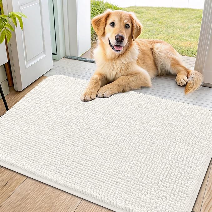 Smiry Dog Door Mat for Muddy Paws 36x24, Absorbent Dirt Trapper, Non-Slip Washable Chenille Entryway Rug for Inside Floor, Ivory, Classic Solid