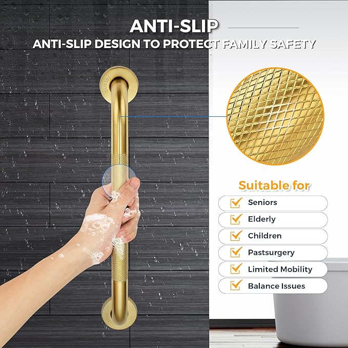 Grab Bars for Shower, 2 Pack 20-Inch Anti Slip Shower Handles for Elderly, Safety Shower Grab Bar, Stainless Steel Handicap Grab Bars for Bathroom,Toilet (Gold, 1" Diameter)
