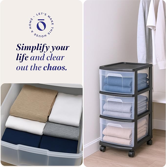 HOMZ Drawer Tower, 3-Tier Clear Plastic Storage Organizer Cart, Black Frame – Organizing Containers with Wheels for Home, Bathroom, Bedroom, Office, and Classroom