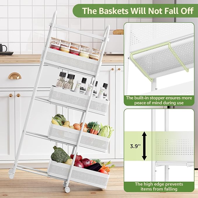 KINGRACK 5-Tier Slim Storage Cart with Pull Out Basket, Rolling Bathroom Organizer Utility, Metal Shelving Unit Slide Out, Lockable Wheels, Easy Assembly for Narrow Place, Kitchen, Laundry Room, White