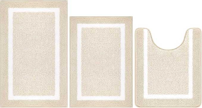 Pauwer Bathroom Rugs Sets 3 Piece Bathroom Shower Rugs with U-Shaped Contour Toilet Mat Absorbent Microfiber Plush Bath Mats Non Slip Bath Rugs Machine Washable Shaggy Bath Floor Mats, Light Beige