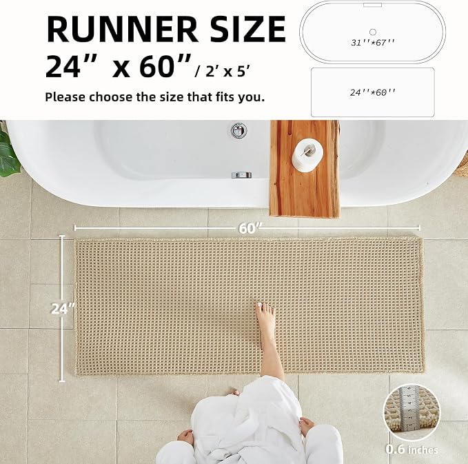 TYUU Pale Beige Long Bathroom Rug, Waffle Runner Rug Bathroom Non Slip Washable Super Absorbent Quick Dry Boho Farmhouse Bath Mat, 60''x24'' Pale Beige