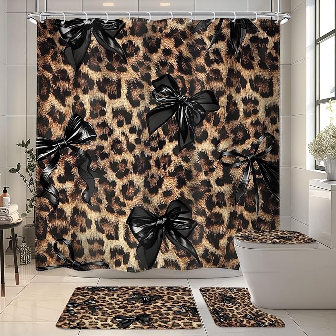 4 PCS Leopard Black Bow Shower Curtain Set 72Wx72H,Toilet Lid Cover,Non-Slip Rugs and U-Shaped Mat, Girly Cheetah Bathroom Sets with Rugs Shower Accessories 12 Hooks for Bathroom Decor