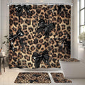 4 PCS Leopard Black Bow Shower Curtain Set 72Wx72H,Toilet Lid Cover,Non-Slip Rugs and U-Shaped Mat, Girly Cheetah Bathroom Sets with Rugs Shower Accessories 12 Hooks for Bathroom Decor