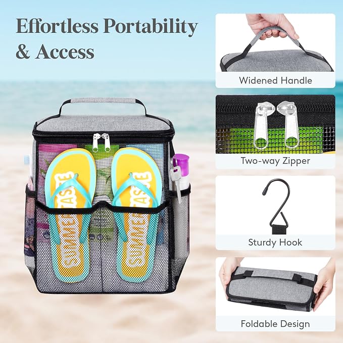 Lifewit Shower Caddy Portable, Toiletry Bag with Handle and 3 Mesh Pockets, Quick Dry Hanging Organizer for Bathroom, Gym, Travel, Camping, College Dorm Room Essentials for Women Men, Grey