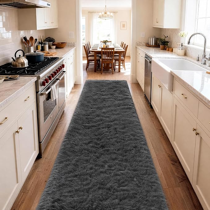 Ophanie Runner Rug for Hallway, 2.5x12 Washable Non-Slip Fluffy Soft Bedside Rugs, Bedroom Living Room Shaggy Carpet for Kids Girls Boys Dorm Nursery Home Decor Aesthetic, Grey