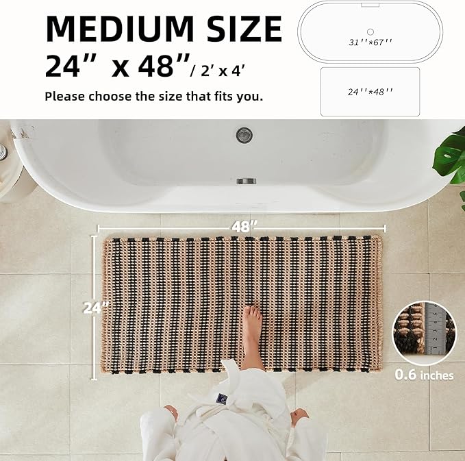 TYUU Waffle Bath Mat, Boho Bathroom Rugs Non Slip Washable Super Absorbent Quick Dry Bath Mat Farmhouse Bathroom Decor, 48"x24" Black and Khaki
