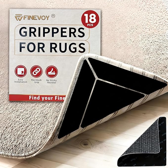 18PCS Rug Grippers, Ready Stability for Robot Vacuum, Non-Slip Double-Sided Rug Tape Keep Area Rugs, Adhesive Rug Pads for Hardwood Floors and Tiles, Keep Corners Flat (Black)