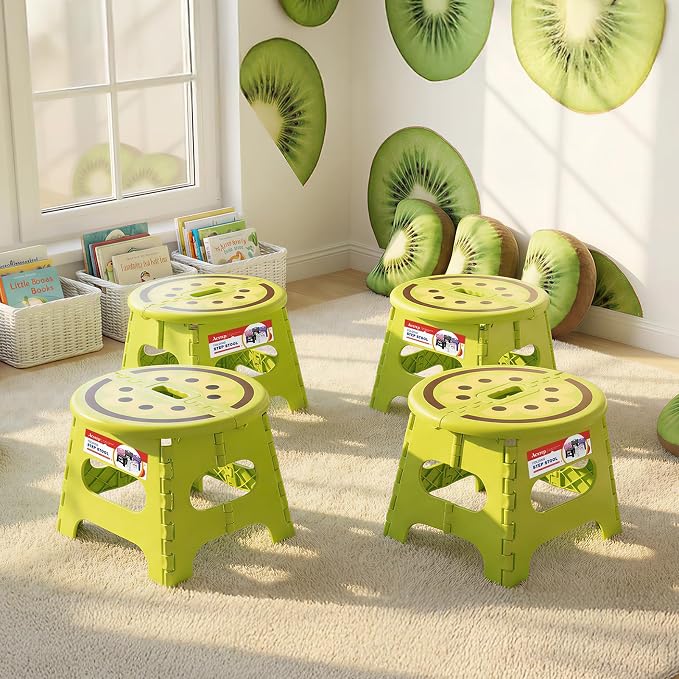 ACSTEP Folding Step Stool 9 Inch, Sturdy Collapsible Step Stool Foldable Up to 265 lbs for Kids Toddlers & Adults, Non Slip Foot Stools with Handle for Kitchen, Bathroom, Bedroom, Outdoor, Kiwi Green