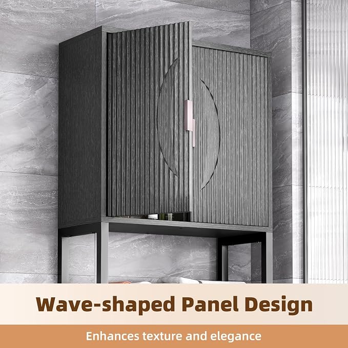 Kalrin Over The Toilet Storage Cabinet with Fluted Wave Doors and Adjustable Shelf, Wood Over Toilet Storage Rack with Drain Basket, Freestanding Bathroom Organizer for Balcony Laundry, Pure Black