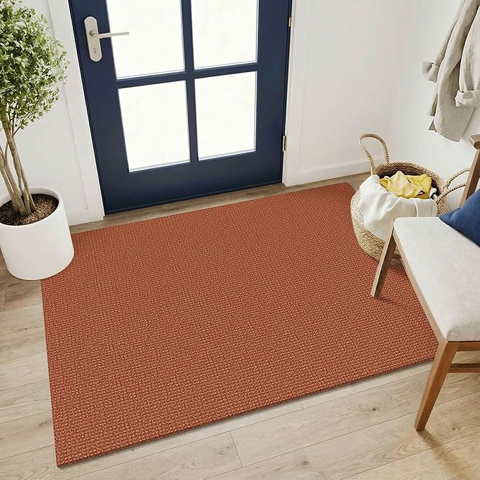 KOZYFLY Washable 3x4 Woven Entry Area Rug, Braided Throw Rugs for Entryway, Non Slip Door Mat Indoor Outdoor Entrance, Front Porch Foyer Carpet for Kitchen, mudroom, Bathroom, Burnt Orange/Tan
