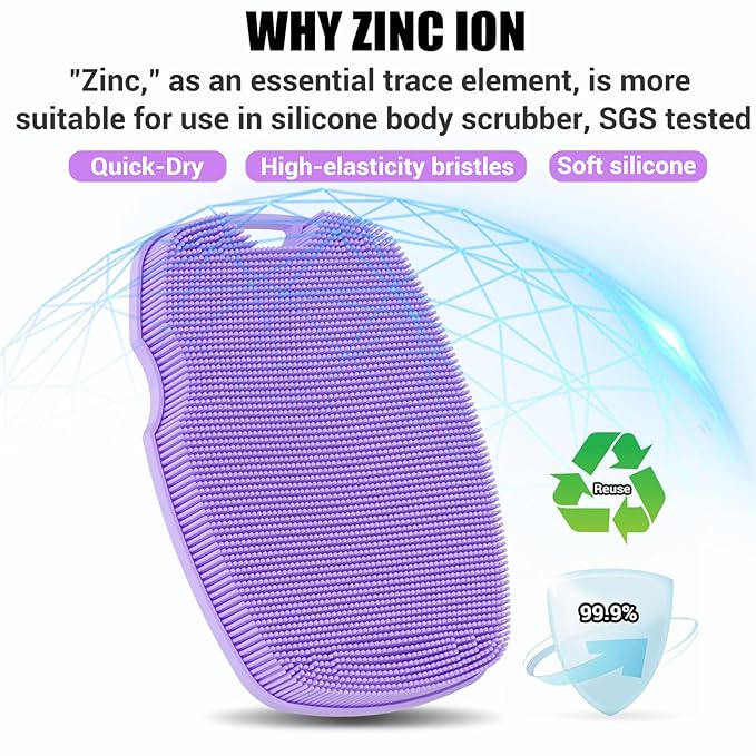 Canroom Silicone Body Scrubber - Anti Zinc Infused-Highly Elastic Bristles Exfoliating Body Scrubber for Shower Body,Cellulite Reduction,Blood Circulation - Purple