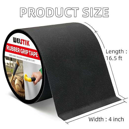 WELSTIK 4" Wide Premium Rubber Grip Tape,Extra Large Non-Slip Adhesive Wrap for Game Controllers,Mouse, Gear & Tools,Soft Shock-Absorbing Texture, Barefoot Friendly Mat for Skateboard, Stairs & Rugs