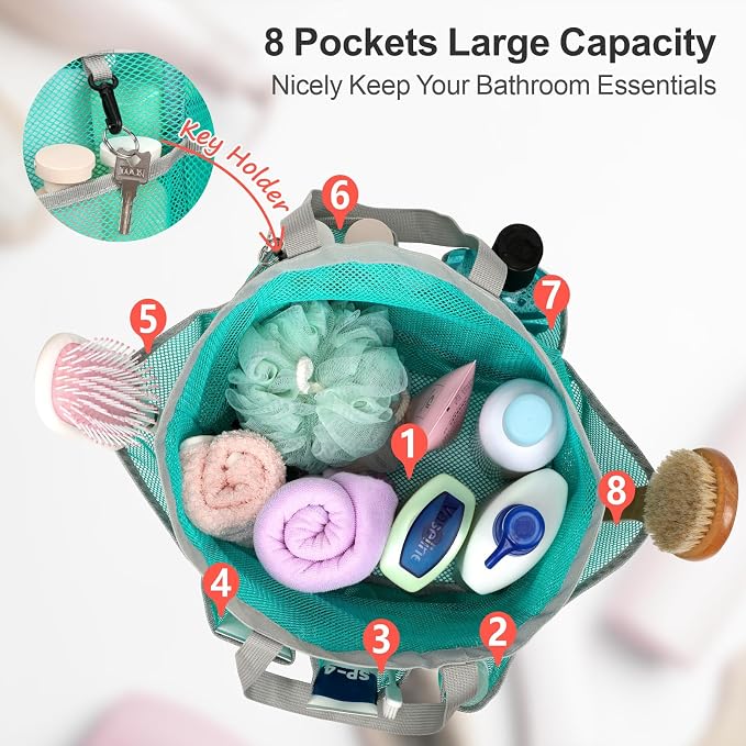 F-color Mesh Shower Caddy Portable with Drawstring - Large 8 Pockets Dorm Room Essentials for Guys Girls with S Hook, Shower Bag Basket Tote for College Camping Gym Travel Bathroom, 2 Pack Mint Green
