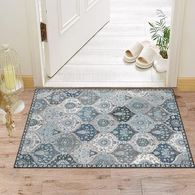 Lahome Moroccan Trellis Front Door Mat Indoor Entrance, 2x3 Rugs for Entryway Non-Slip Washable Indoor Door Mat, Oriental Accent Small Rug for Kitchen Bedroom Bathroom Elise, Blue