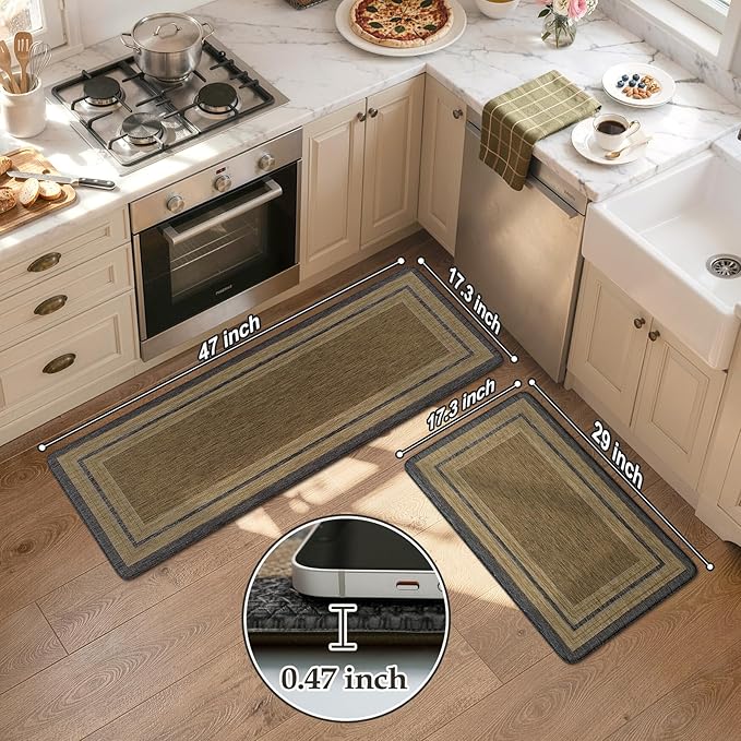 KIMODE Anti Fatigue Kitchen Mats 17"x47"+17"x29", Farmhouse Kitchen Rugs Sets of 2, Non Slip Kitchen Mats for Floor, Cushioned Comfort Standing Mats for Home Deocr Sink Laundry Office Desk Grey/Brown
