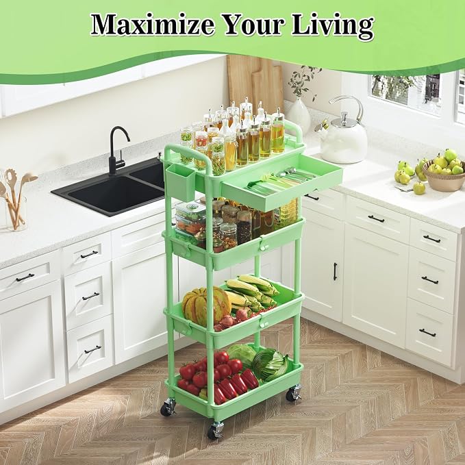 SUNALLY 4 Tier Rolling Utility Cart with Drawer, Storage Organizer Cart with 2 Lockable Wheels, Multifunctional Rolling Storage Cart for Bathroom, Kitchen, Craft, Makeup, Baby Essentials, Green